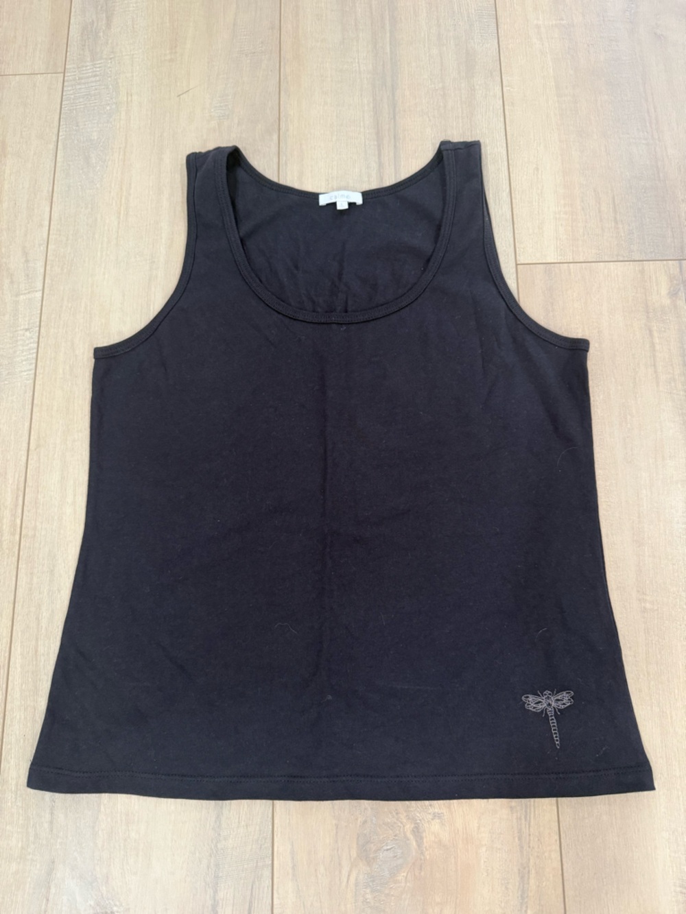 CALME Women's Black Tank Top with Subtle Dragonfly Detail